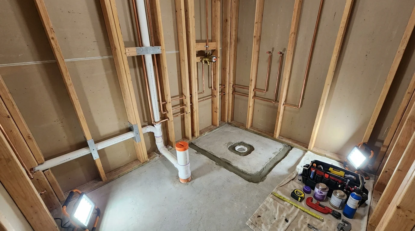 Bathroom rough-in plumbing during remodel by Johns Plumbing LLC in Antioch
