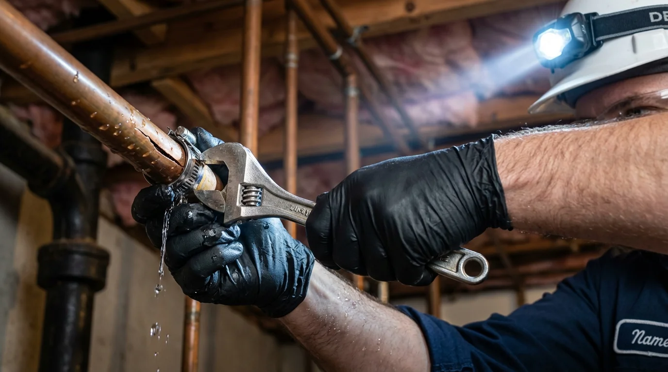 Emergency pipe clamp repair being performed by a Johns Plumbing LLC plumber in Antioch