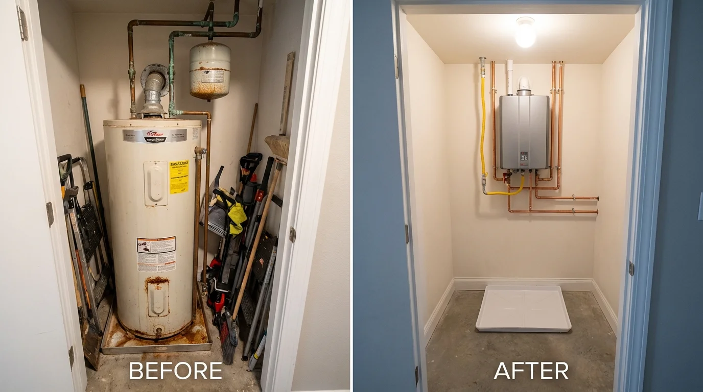 Tank water heater versus wall-mounted tankless unit comparison for Antioch, CA homeowners