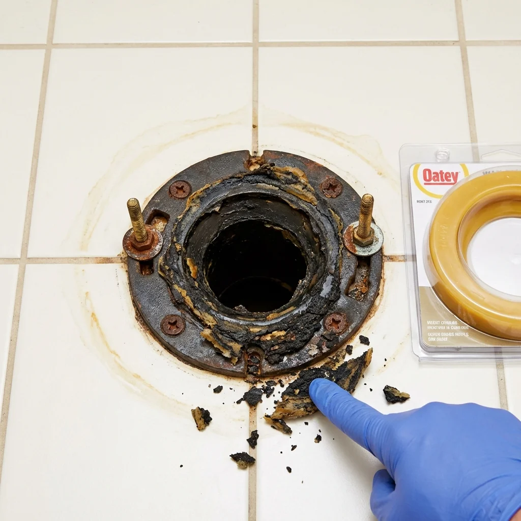 Failed wax ring showing water seepage at the base of a toilet in a Antioch, CA home