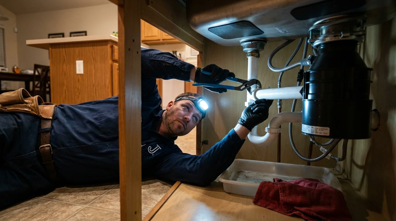 P-trap and supply line connections under a kitchen sink showing a common leak point in Antioch, CA